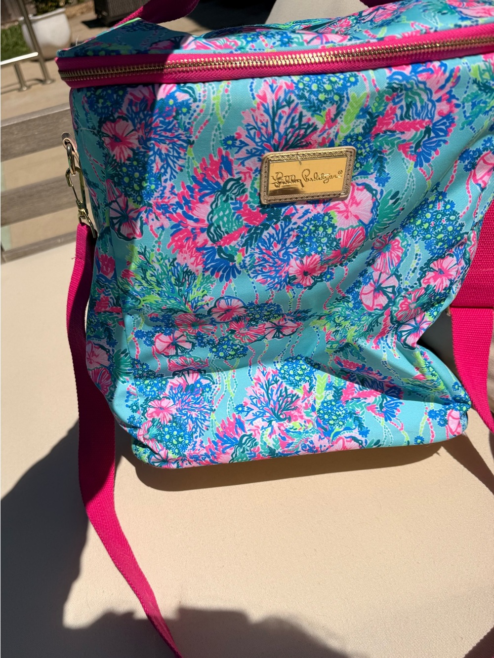 Lilly Pulitzer Aqua Floral insulated cooler with Hot Pink Strap - Picture 2 of 6